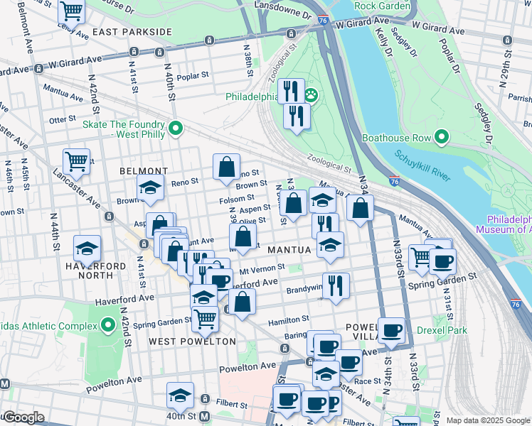 map of restaurants, bars, coffee shops, grocery stores, and more near 730 North 38th Street in Philadelphia