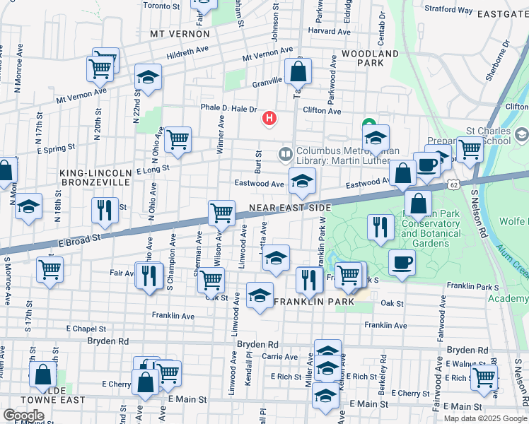 map of restaurants, bars, coffee shops, grocery stores, and more near E Broad St & Latta Ave in Columbus