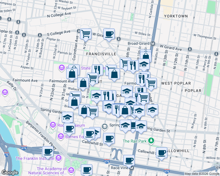map of restaurants, bars, coffee shops, grocery stores, and more near in Philadelphia