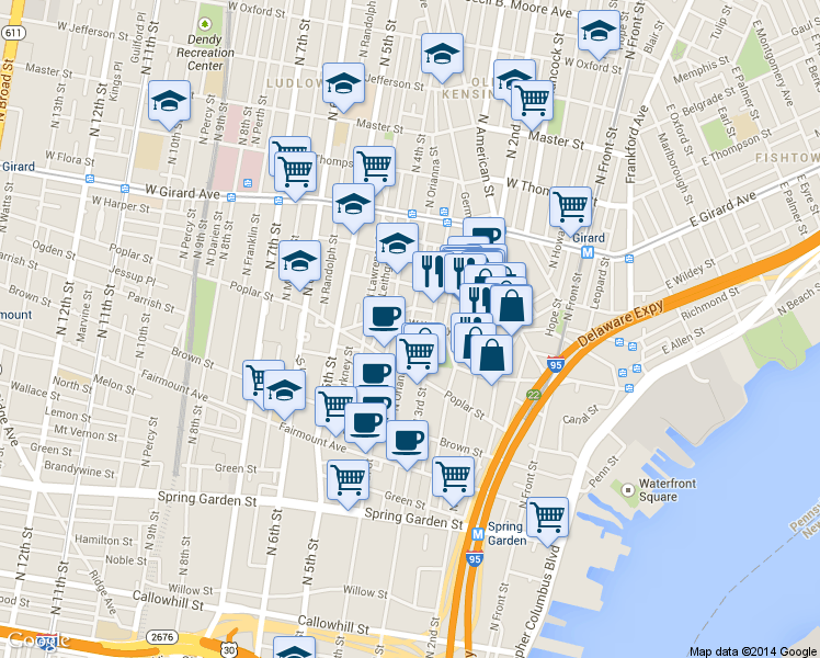 map of restaurants, bars, coffee shops, grocery stores, and more near 951 North Orianna Street in Philadelphia