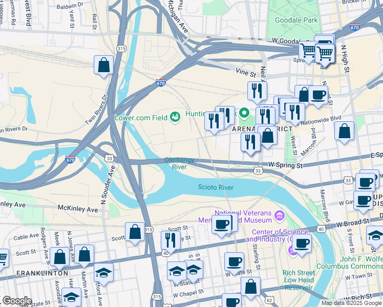 map of restaurants, bars, coffee shops, grocery stores, and more near 530 West Spring Street in Columbus