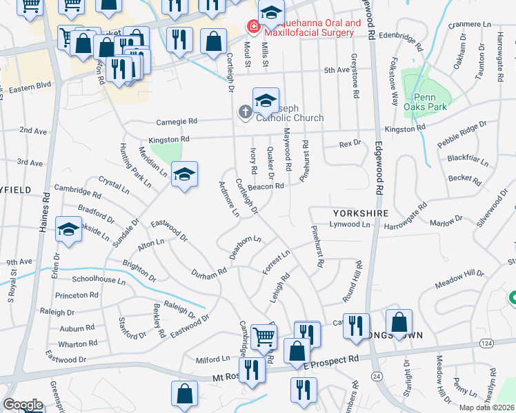 map of restaurants, bars, coffee shops, grocery stores, and more near 538 Maywood Road in East York