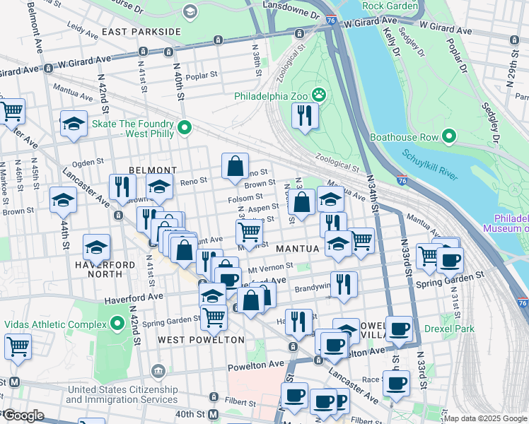 map of restaurants, bars, coffee shops, grocery stores, and more near 3826 Aspen Street in Philadelphia