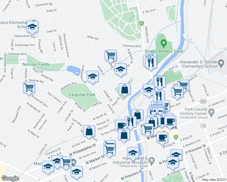 map of restaurants, bars, coffee shops, grocery stores, and more near 414 Smith Street in York