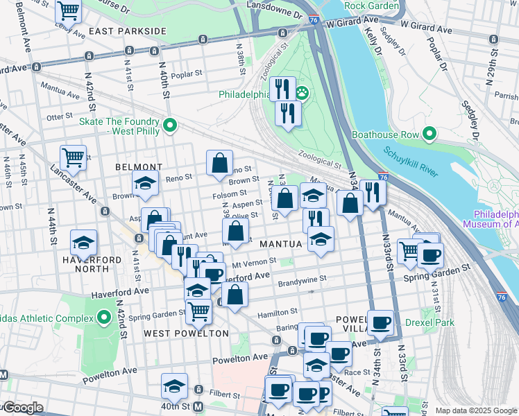 map of restaurants, bars, coffee shops, grocery stores, and more near 730 North 38th Street in Philadelphia