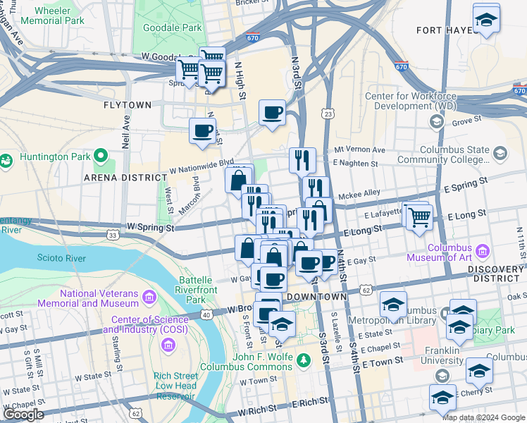 map of restaurants, bars, coffee shops, grocery stores, and more near 200 North High Street in Columbus