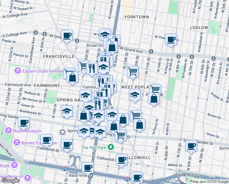 map of restaurants, bars, coffee shops, grocery stores, and more near 1300 Fairmount Avenue in Philadelphia