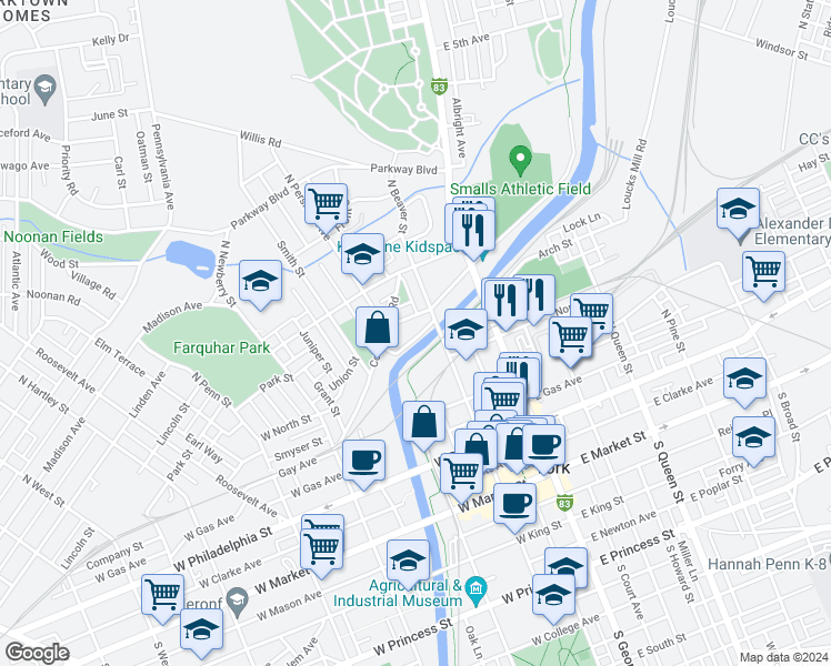 map of restaurants, bars, coffee shops, grocery stores, and more near 125 Stevens Avenue in York
