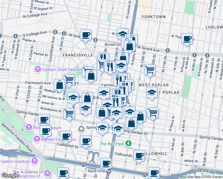 map of restaurants, bars, coffee shops, grocery stores, and more near 653 North 15th Street in Philadelphia
