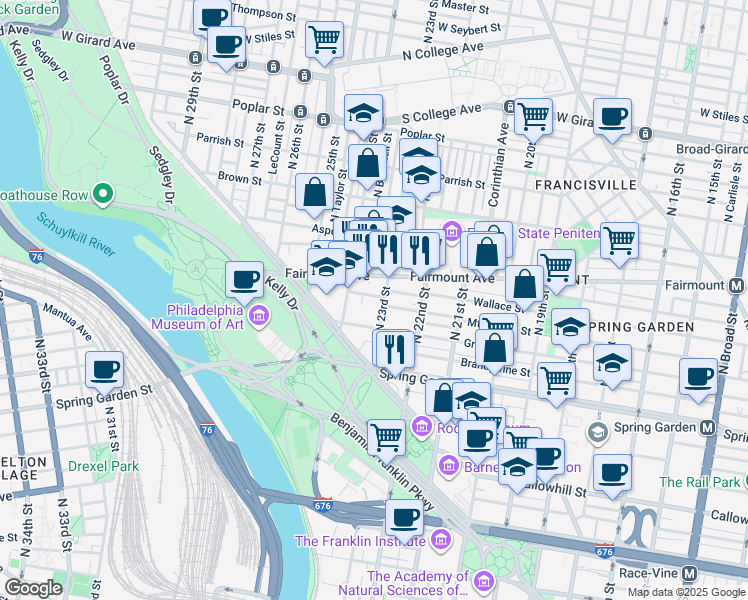map of restaurants, bars, coffee shops, grocery stores, and more near 2312 Wallace Street in Philadelphia