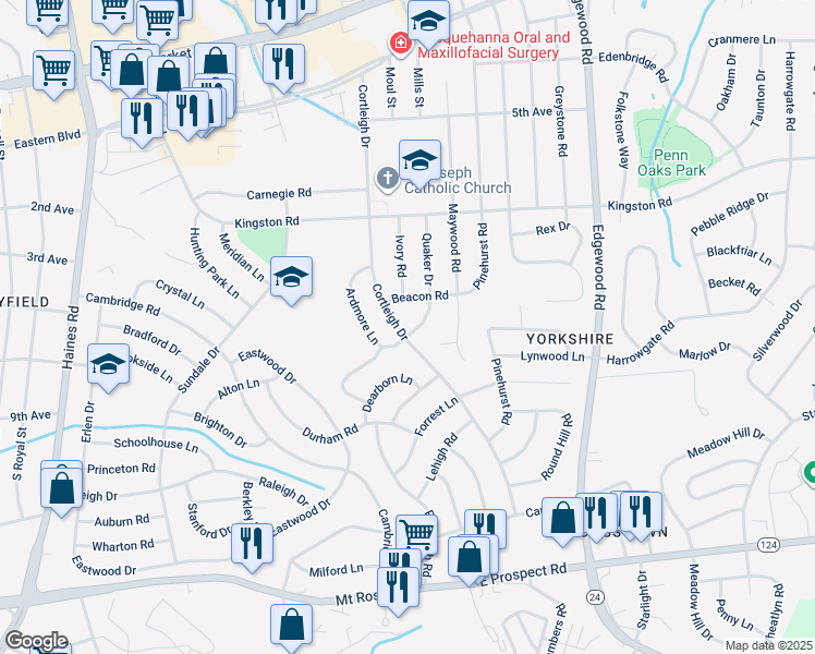 map of restaurants, bars, coffee shops, grocery stores, and more near 575 Cortleigh Drive in York