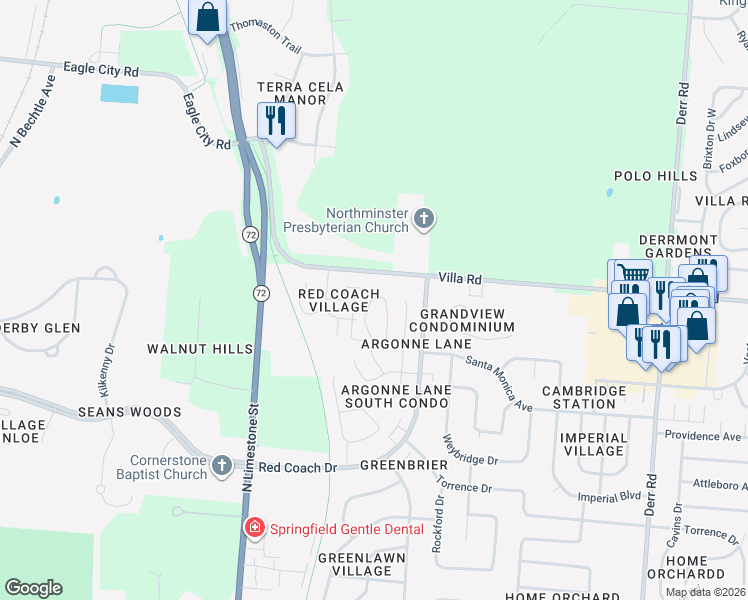 map of restaurants, bars, coffee shops, grocery stores, and more near 2941 Avery Circle in Springfield