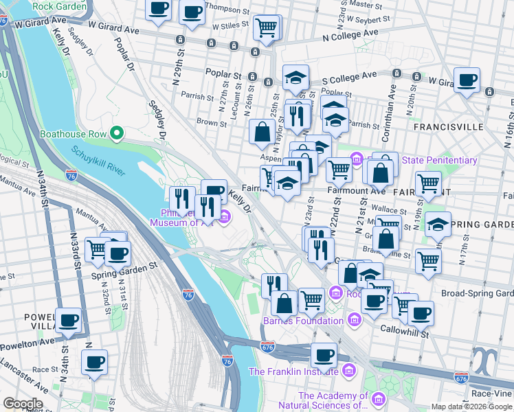 map of restaurants, bars, coffee shops, grocery stores, and more near 2498 Pennsylvania Ave in Philadelphia