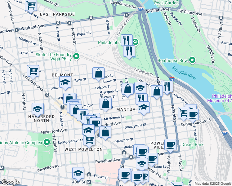 map of restaurants, bars, coffee shops, grocery stores, and more near 732 North 38th Street in Philadelphia