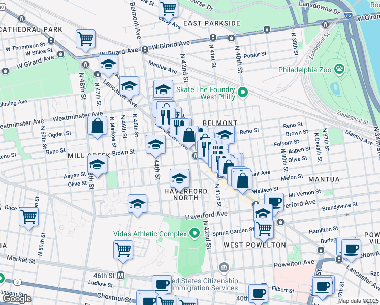 map of restaurants, bars, coffee shops, grocery stores, and more near 750 Brooklyn Street in Philadelphia