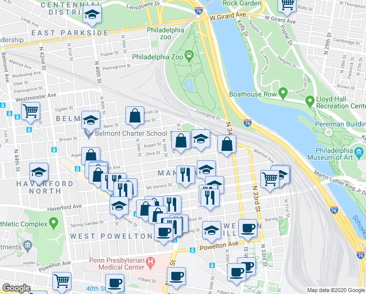 map of restaurants, bars, coffee shops, grocery stores, and more near 3625 Olive Street in Philadelphia