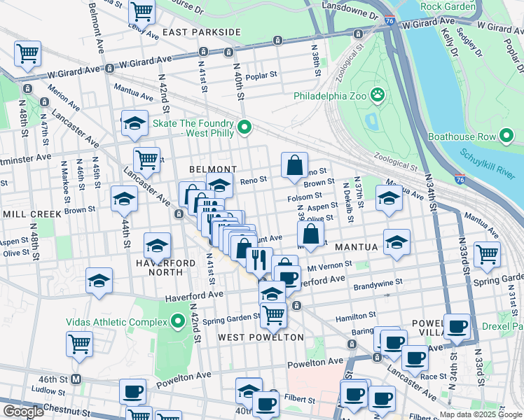 map of restaurants, bars, coffee shops, grocery stores, and more near 743 North 40th Street in Philadelphia