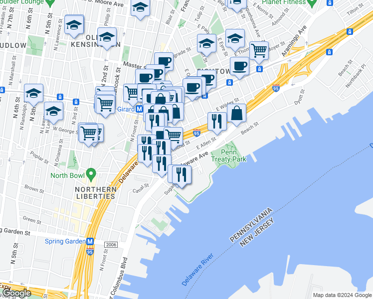 map of restaurants, bars, coffee shops, grocery stores, and more near 957 Shackamaxon Street in Philadelphia