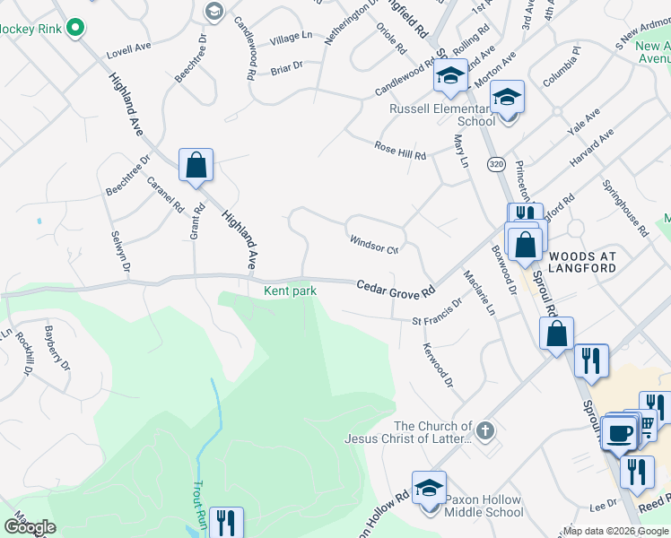 map of restaurants, bars, coffee shops, grocery stores, and more near 813 Cedar Grove Road in Broomall
