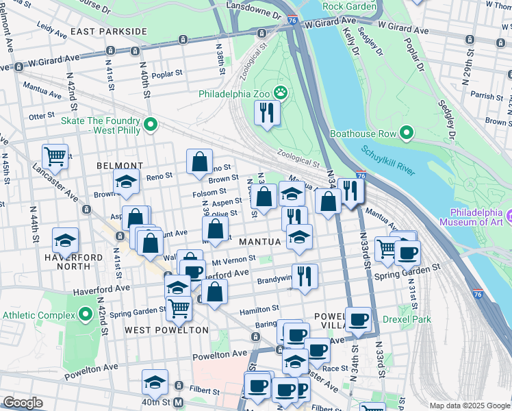 map of restaurants, bars, coffee shops, grocery stores, and more near 725 North Dekalb Street in Philadelphia