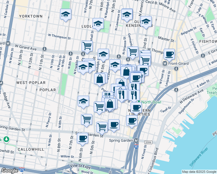 map of restaurants, bars, coffee shops, grocery stores, and more near 924 North Leithgow Street in Philadelphia