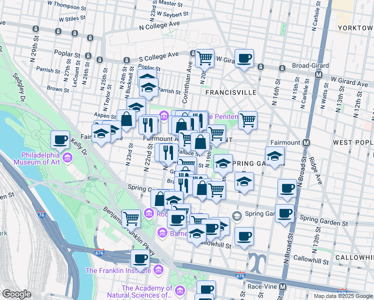 map of restaurants, bars, coffee shops, grocery stores, and more near 2007 Wallace Street in Philadelphia