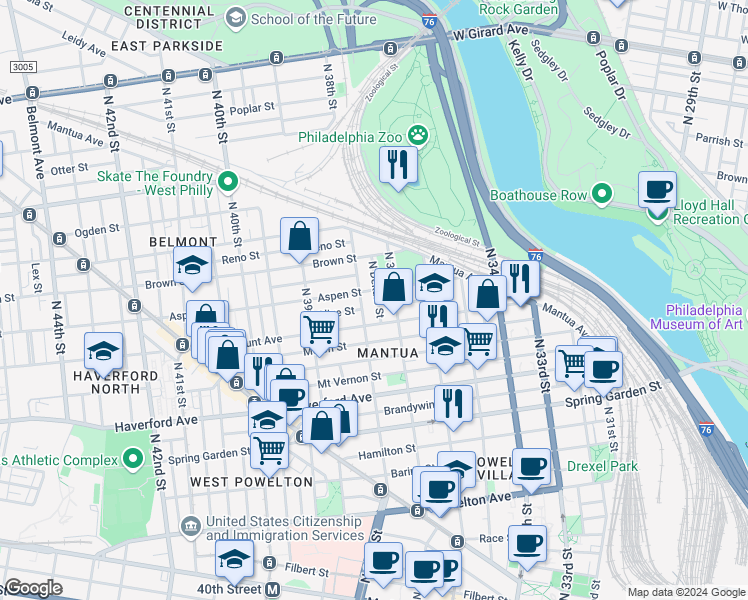 map of restaurants, bars, coffee shops, grocery stores, and more near 732 North Dekalb Street in Philadelphia
