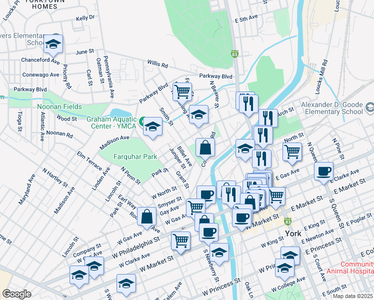 map of restaurants, bars, coffee shops, grocery stores, and more near 414 Smith Street in York