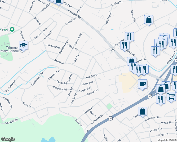 map of restaurants, bars, coffee shops, grocery stores, and more near 2371 Breezewood Road in Shiloh