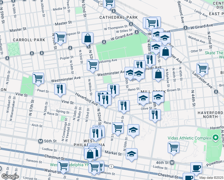 map of restaurants, bars, coffee shops, grocery stores, and more near 5101 Reno Street in Philadelphia