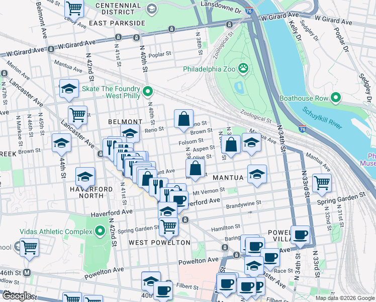 map of restaurants, bars, coffee shops, grocery stores, and more near Aspen St & N 39th St in Philadelphia