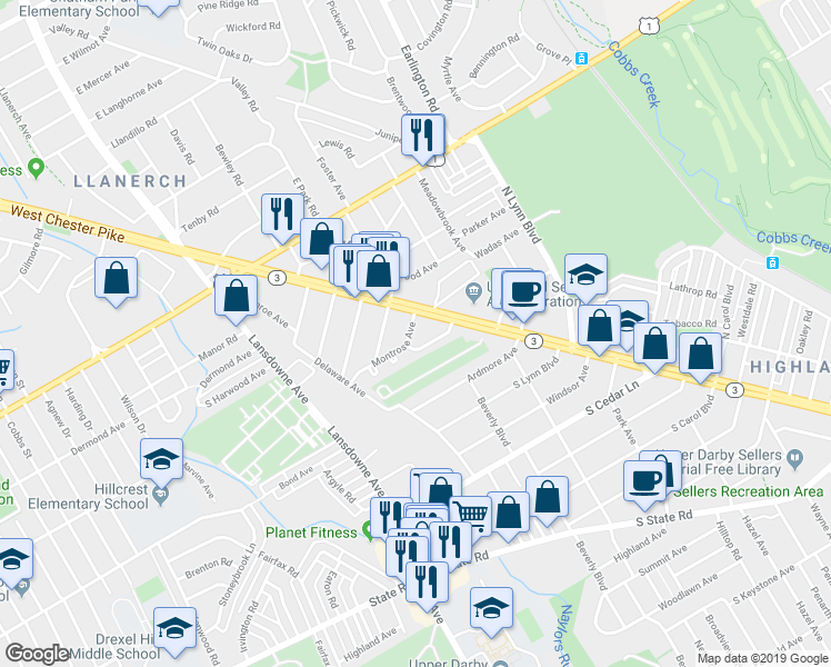 map of restaurants, bars, coffee shops, grocery stores, and more near 15 Montrose Avenue in Upper Darby