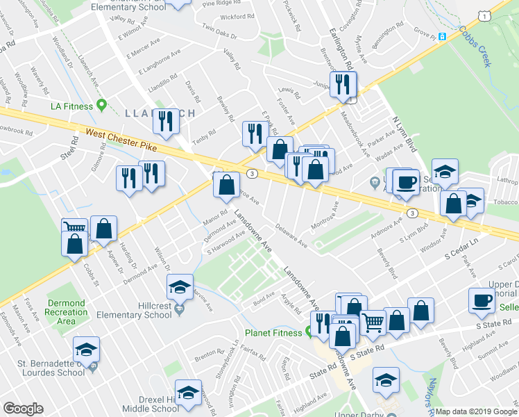 map of restaurants, bars, coffee shops, grocery stores, and more near 8506 Monroe Avenue in Upper Darby