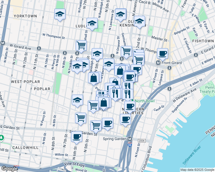 map of restaurants, bars, coffee shops, grocery stores, and more near 937 North 4th Street in Philadelphia