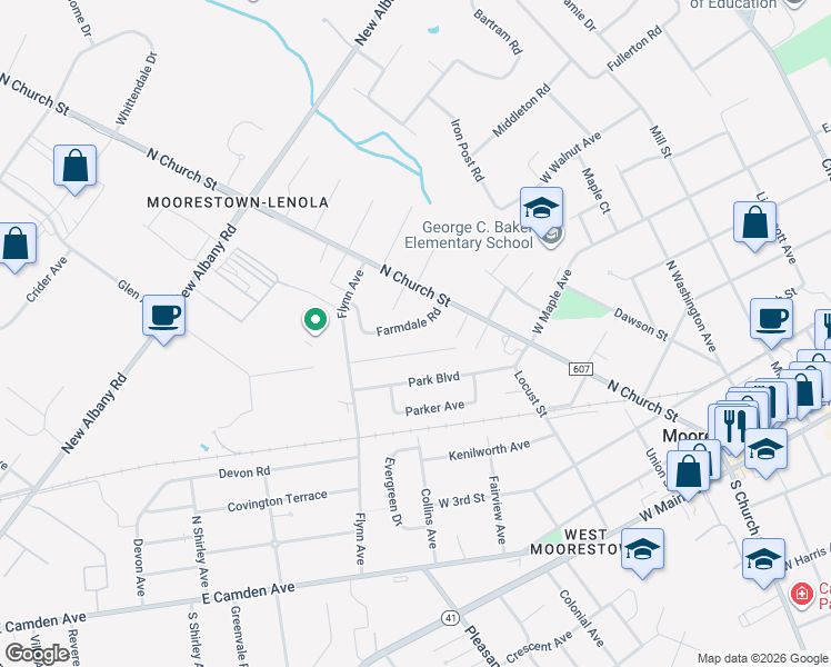 map of restaurants, bars, coffee shops, grocery stores, and more near 415 Glen Avenue in Moorestown