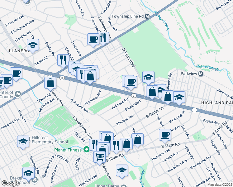 map of restaurants, bars, coffee shops, grocery stores, and more near 8600 West Chester Pike in Delaware County