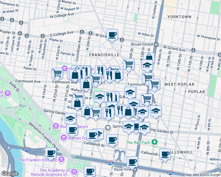 map of restaurants, bars, coffee shops, grocery stores, and more near 1707 North Street in Philadelphia