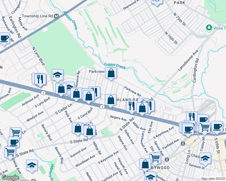 map of restaurants, bars, coffee shops, grocery stores, and more near 117 North Pennock Avenue in Delaware County