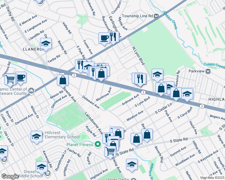 map of restaurants, bars, coffee shops, grocery stores, and more near 15 Montrose Avenue in Upper Darby