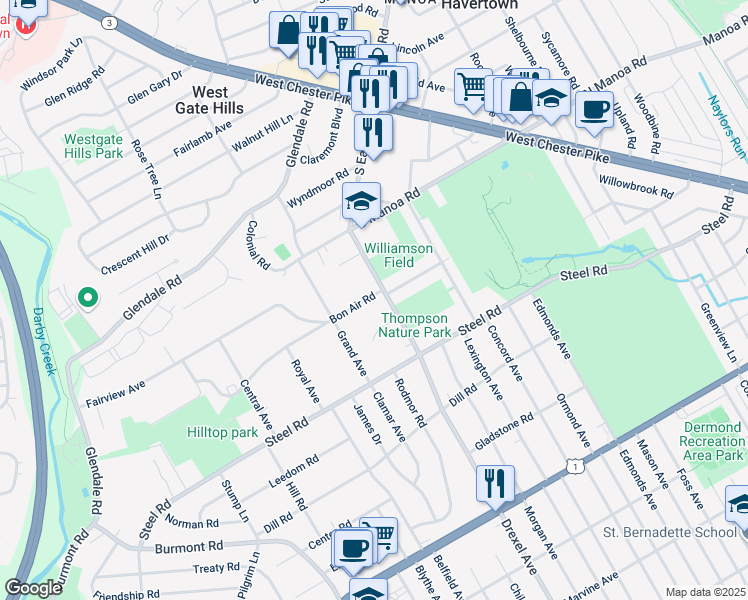 map of restaurants, bars, coffee shops, grocery stores, and more near 1123 Bon Air Road in Havertown