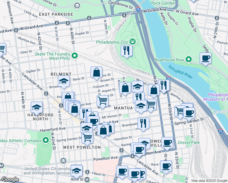 map of restaurants, bars, coffee shops, grocery stores, and more near 732 North 38th Street in Philadelphia