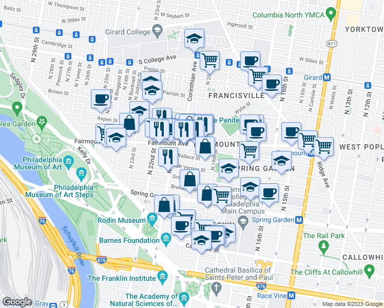 map of restaurants, bars, coffee shops, grocery stores, and more near 2007 Wallace Street in Philadelphia