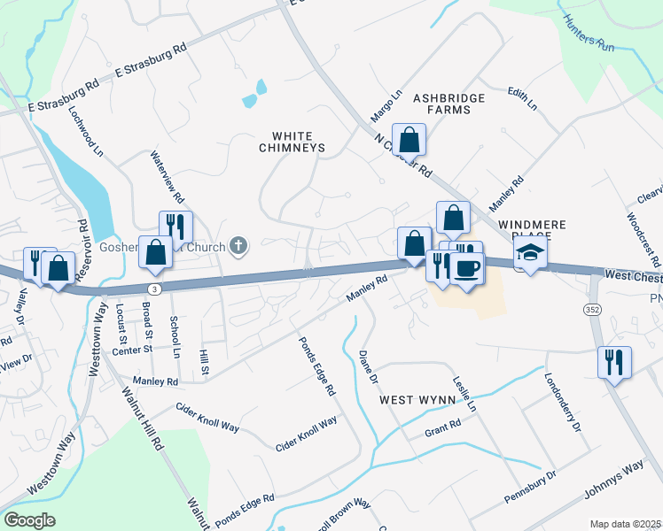 map of restaurants, bars, coffee shops, grocery stores, and more near 513 Summit House in West Chester