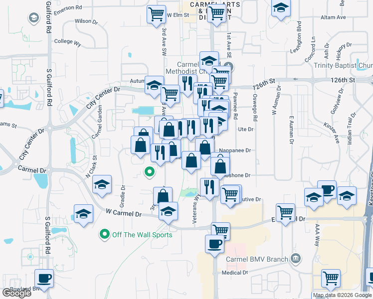 map of restaurants, bars, coffee shops, grocery stores, and more near 228 Gradle Drive in Carmel