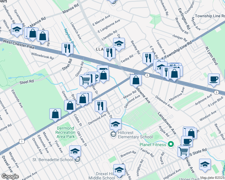 map of restaurants, bars, coffee shops, grocery stores, and more near 2400 Township Line Road in Havertown