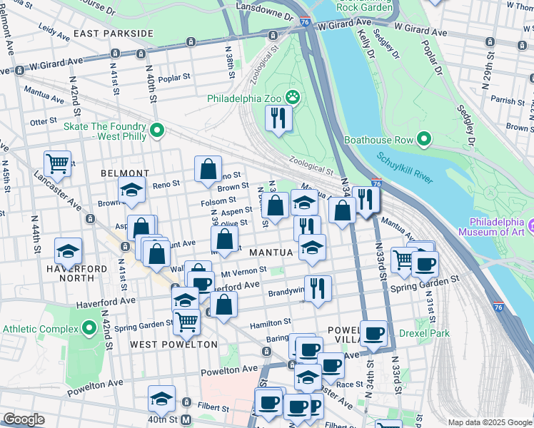 map of restaurants, bars, coffee shops, grocery stores, and more near 725 North Dekalb Street in Philadelphia