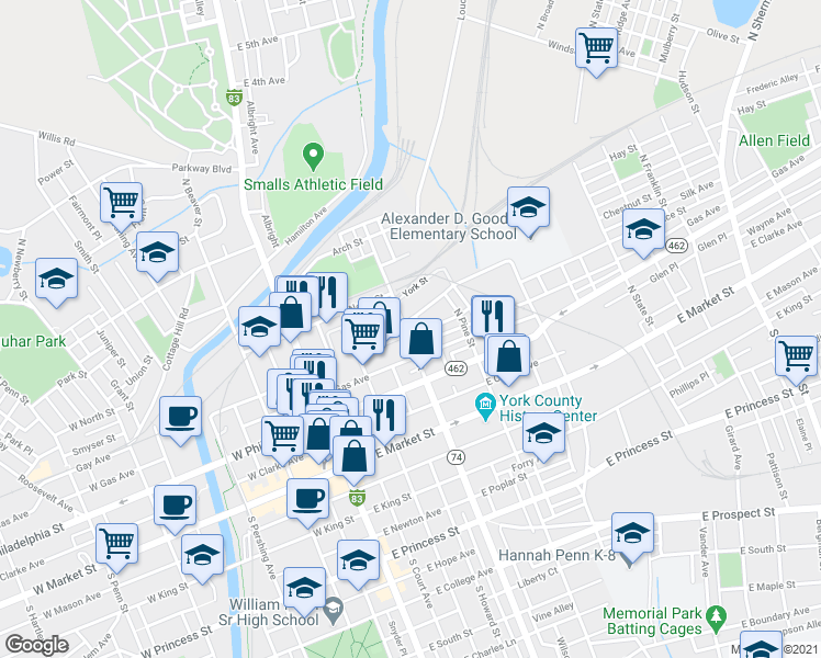 map of restaurants, bars, coffee shops, grocery stores, and more near 209 North Queen Street in York