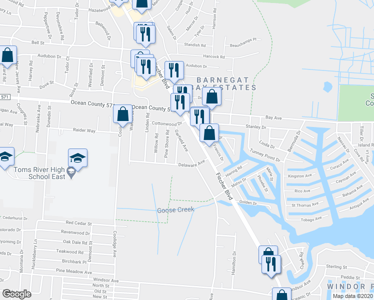 map of restaurants, bars, coffee shops, grocery stores, and more near 785 Garfield Avenue in Toms River