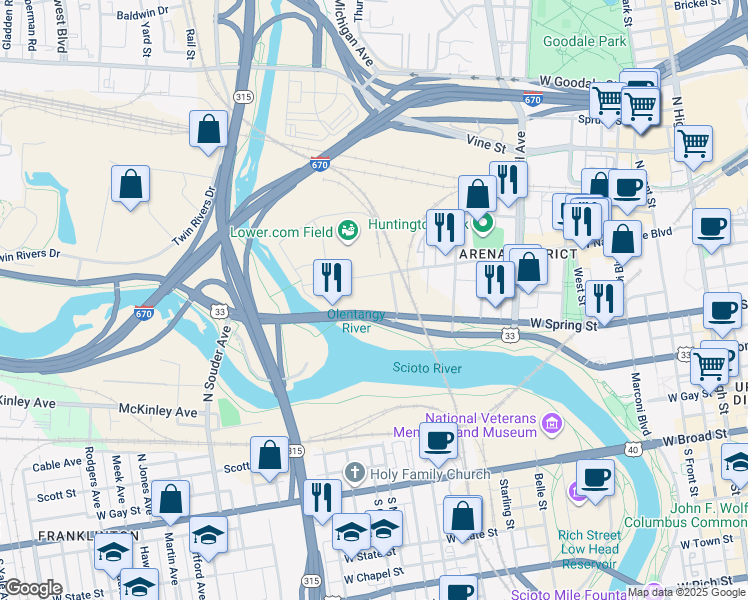 map of restaurants, bars, coffee shops, grocery stores, and more near 550 West Spring Street in Columbus