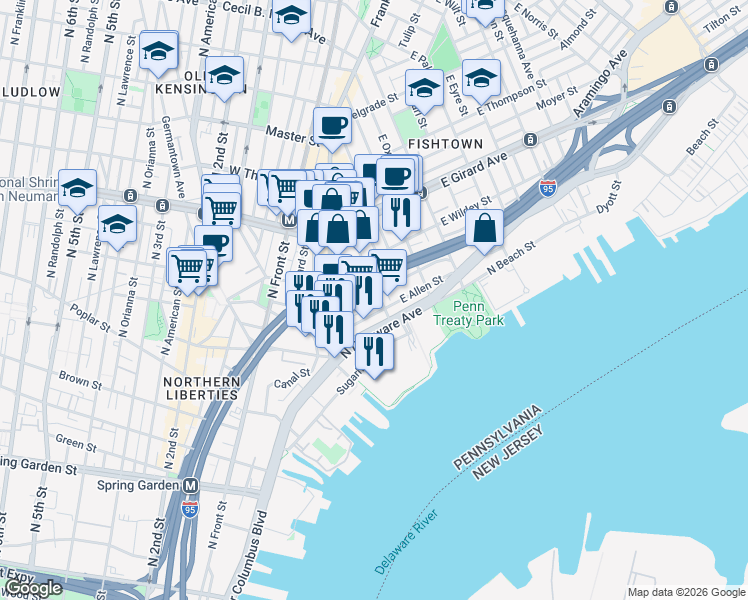 map of restaurants, bars, coffee shops, grocery stores, and more near 912 Shackamaxon Street in Philadelphia